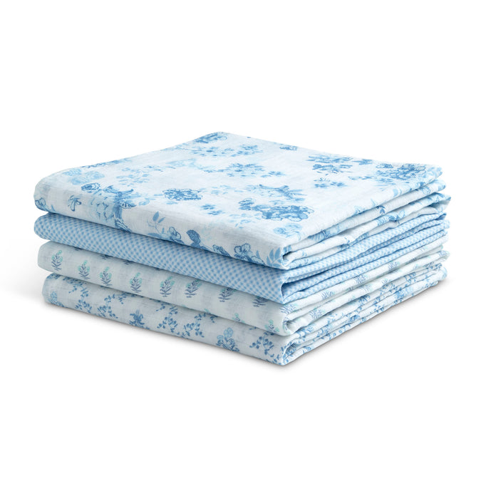 DCB: Blue Botanicals (3035) 12-100% Cotton Muslin Baby Receiving Blankets - 4 Pack