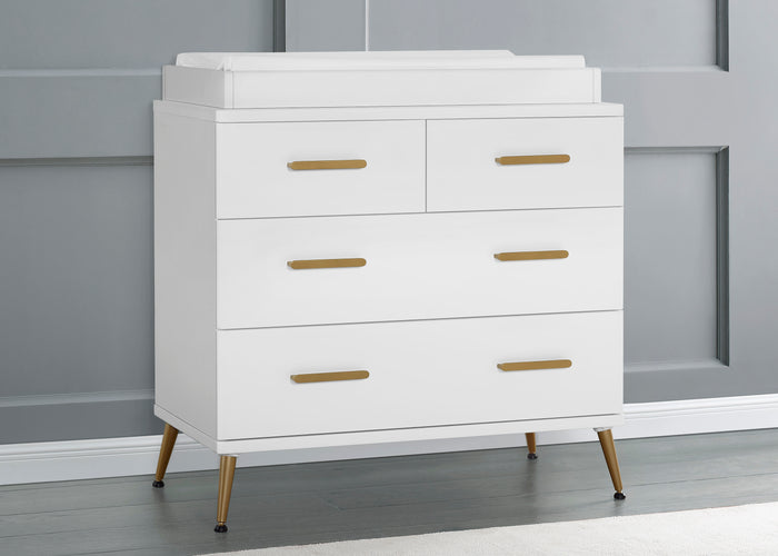 Sloane 4 Drawer Dresser with Changing Top and Interlocking DrawersBianca White with Melted Bronze (186)
