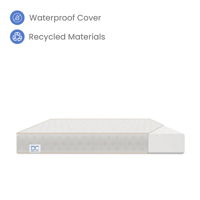 Mattress with waterproof cover and recycled materials text on a white background 3-Sweet Bliss Dual Sided Crib and Toddler Mattress