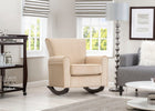 Beige armchair in a living room with a gray sofa and a lamp. 14-Lancaster Rocking Chair featuring LiveSmart Fabric by Culp