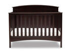 A dark brown wooden convertible crib with vertical slats and a curved headboard, shown with a white mattress inside, isolated on a white background. 24-Archer 4-in-1 Convertible Crib