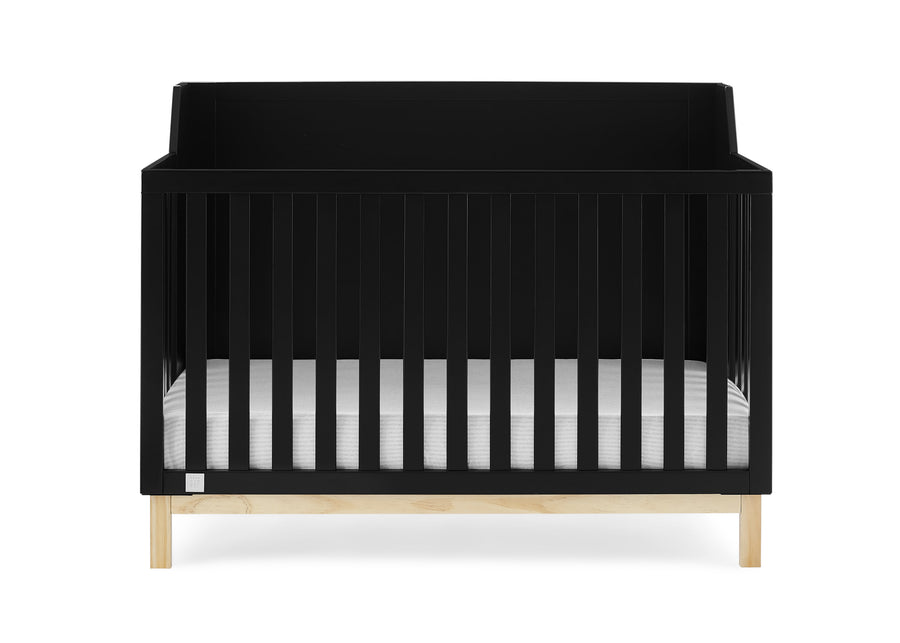 Black crib with white and gray striped mattress on a white background 18-babyGap Oxford 6-in-1 Convertible Crib