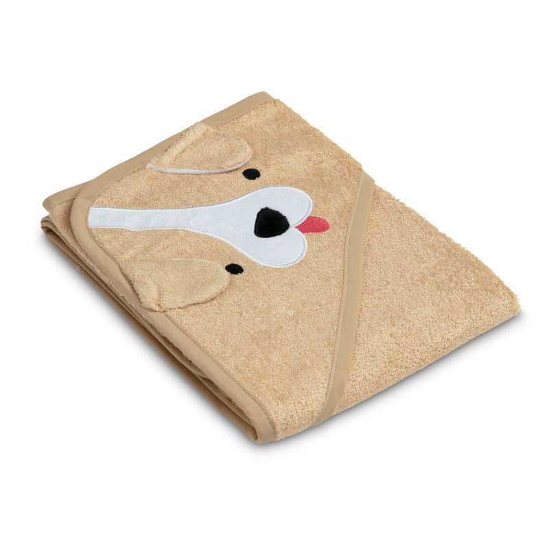 Beige towel with dog face design on a white background