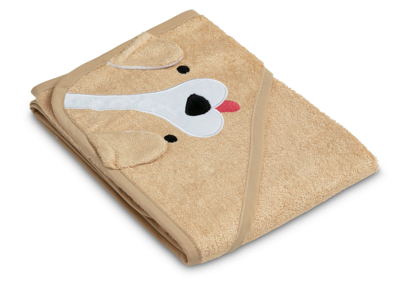 Beige towel with a cartoon dog face design on a white background