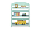 A mint green wooden 4-tier toy bookshelf styled with children's items including a yellow alarm clock, books, a toy train, and a yellow school bus, shown against a plain white background. 10-MySize Bookshelf