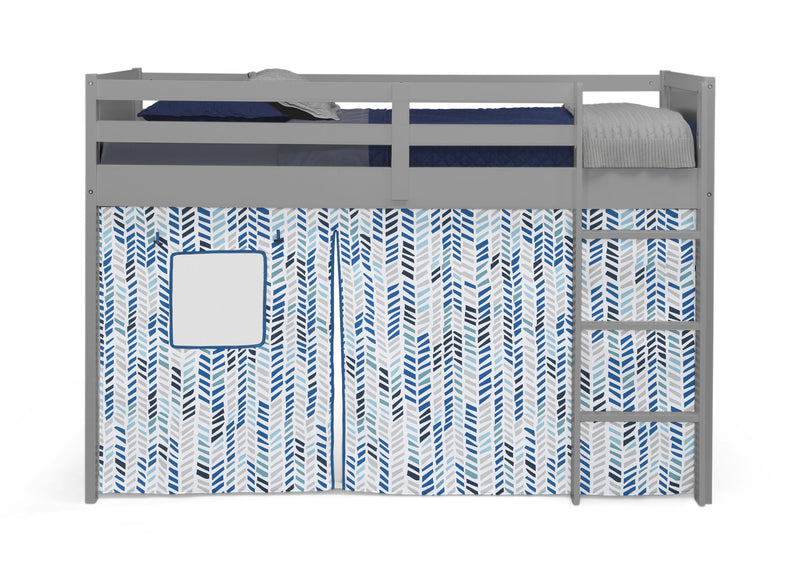A gray loft bed with a blue and white patterned under-bed curtain featuring a window cutout, shown on a white background.