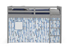 A gray loft bed with a blue and white patterned under-bed curtain featuring a window cutout, shown on a white background. 24-Bed Tent - Curtain Set for Twin Loft or Bunk Bed (Bed Sold Separately)