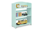 A three-tier wooden toy bookshelf in mint green, styled with children's toys including a yellow alarm clock, books, a toy train, and a toy school bus, on a white background. 11-MySize Bookshelf