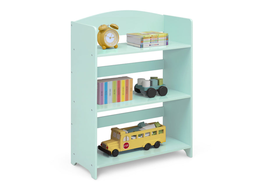 A three-tier wooden toy bookshelf in mint green, styled with children's toys including a yellow alarm clock, books, a toy train, and a toy school bus, on a white background. 11-MySize Bookshelf