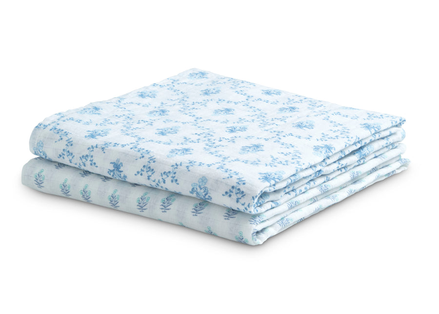 Blue Botanicals (3035) 10-100% Cotton Muslin Baby Receiving Blankets - 2 Pack