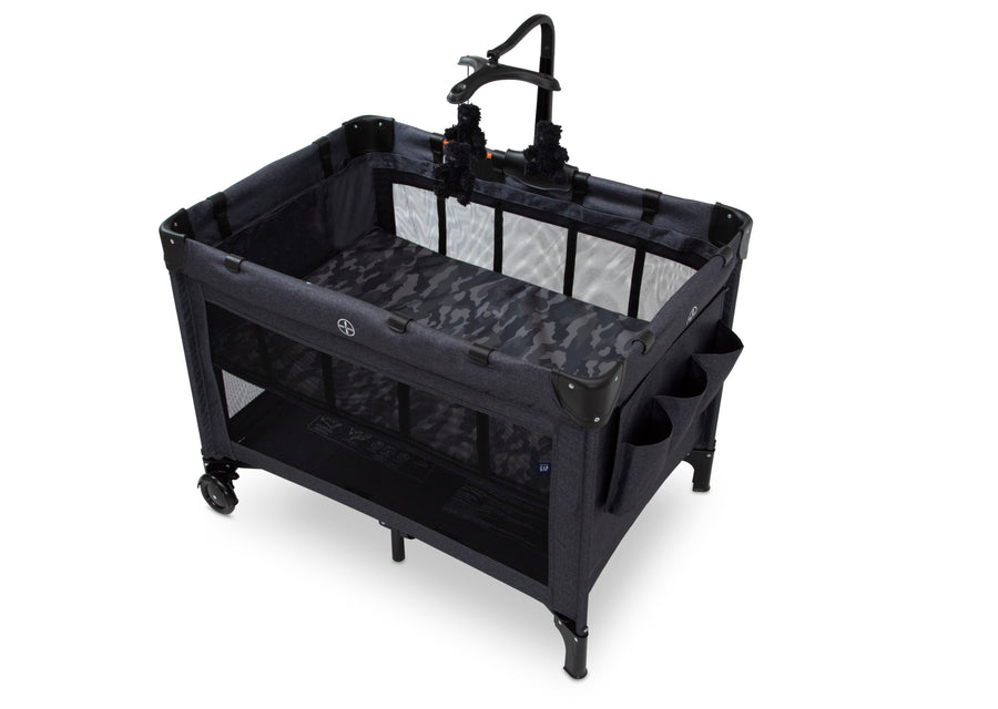 Black baby playpen with wheels on a white background 9-babyGap Deluxe Play Yard