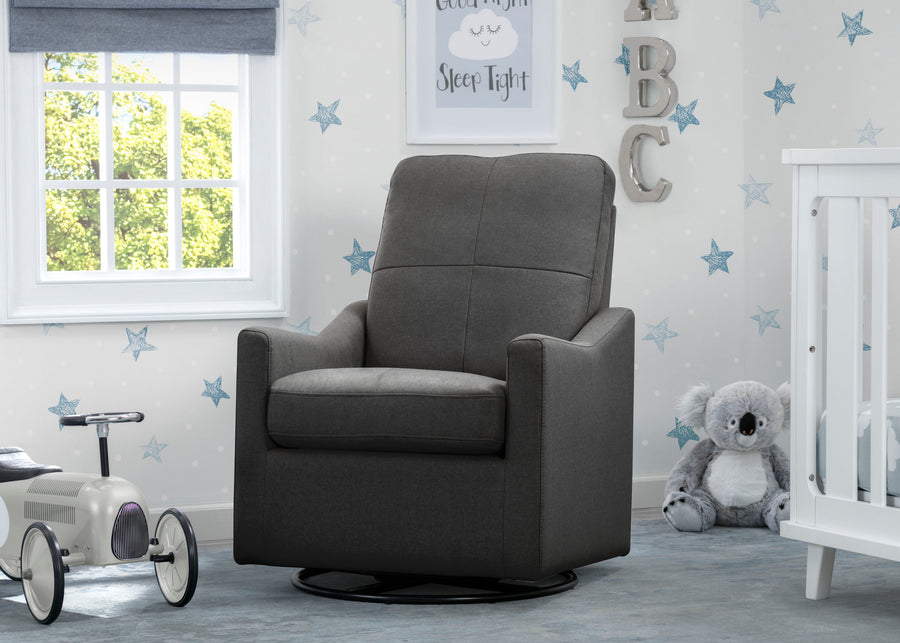 Gray recliner chair in a child's bedroom with toys and decor. 12-Kenwood Nursery Glider Swivel Rocker Chair