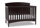 A dark brown wooden convertible crib with a curved headboard and footboard, shown with a white mattress on a clean white background. 25-Archer 4-in-1 Convertible Crib