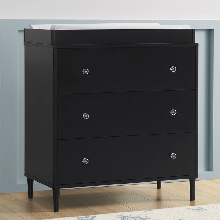 Ebony (0011) 0-Bowie 3 Drawer Dresser with Changing Top and Interlocking Drawers