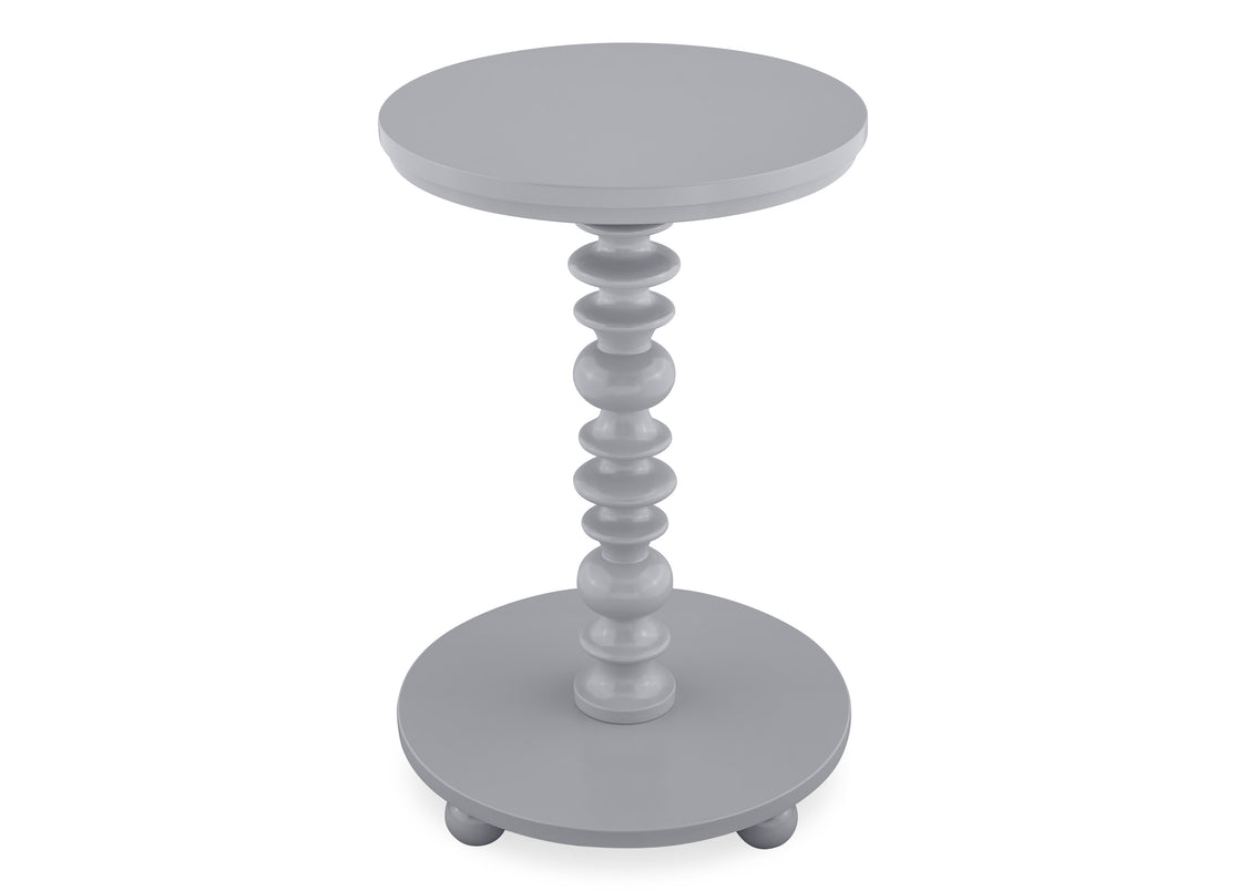 Gray round side table with a spindle design on a white background