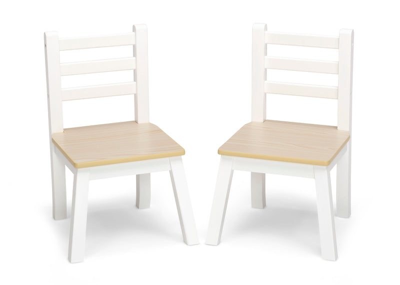 Two white chairs with light wood seats on a white background 9-Chelsea Table and Chair Set
