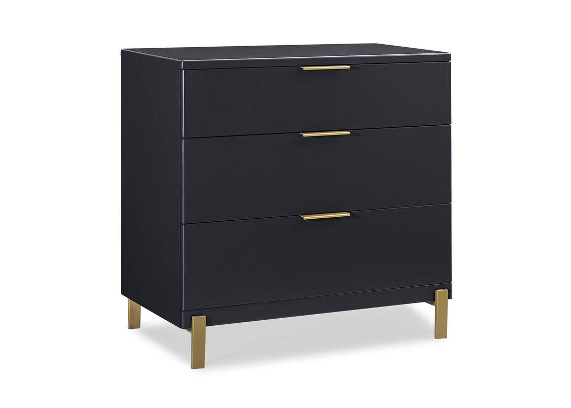 Black dresser with gold handles and legs on a white background
