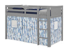 A gray wooden loft bed with a blue and white patterned play tent draped underneath, featuring window cutouts on the sides. 26-Bed Tent - Curtain Set for Twin Loft or Bunk Bed (Bed Sold Separately)