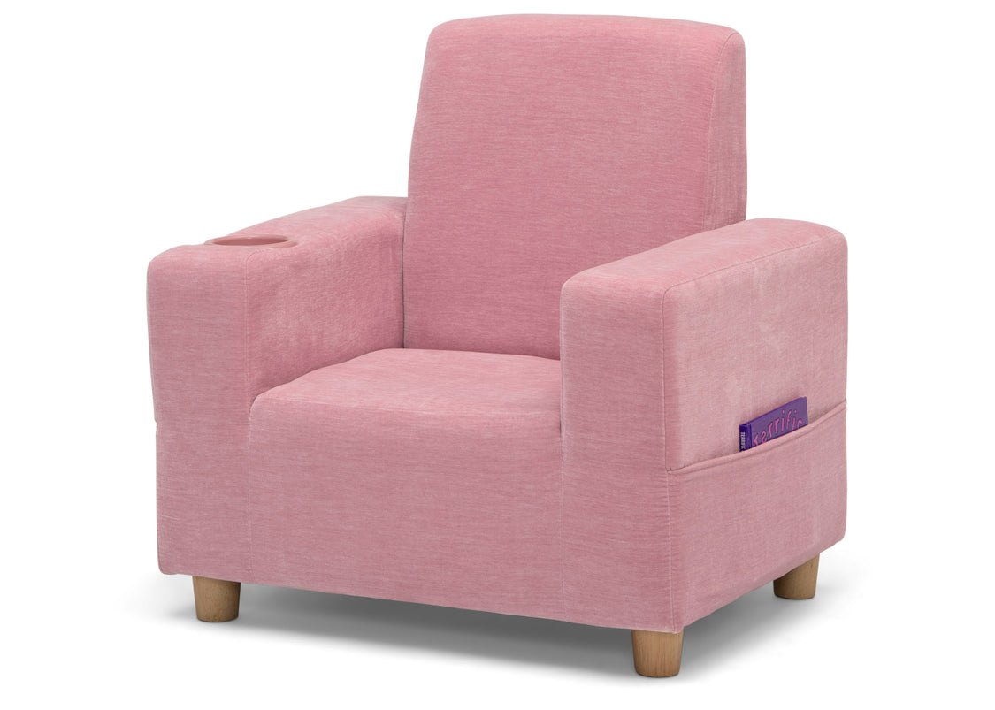 Pink armchair with wooden legs on a white background