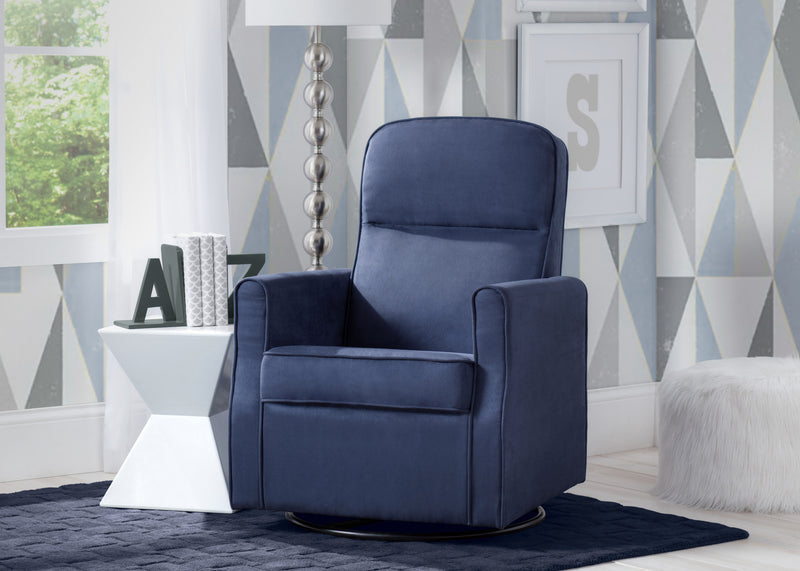 Blue recliner chair in a room with geometric wallpaper 12-Clair Slim Nursery Glider Swivel Rocker Chair