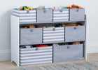 Storage unit with gray bins and colorful toys on a wooden floor. 5-GapKids Deluxe Toy Organizer
