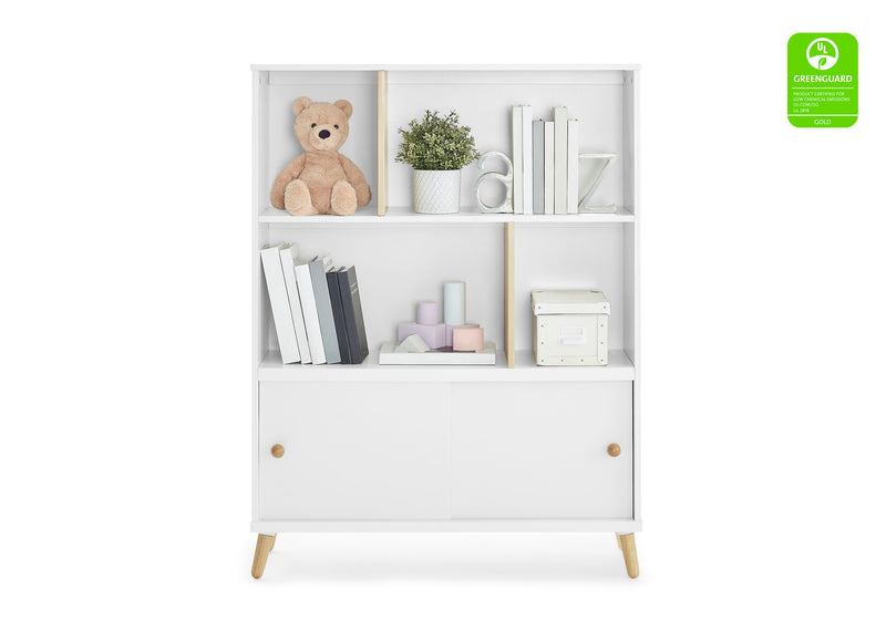 White bookshelf with decorative items on a white background, featuring a GreenGuard certification label. 17-Essex Bookcase