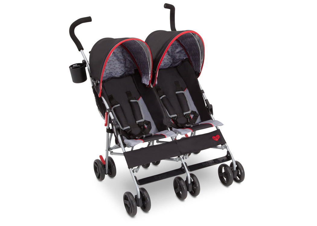 Delta Children Red Triangular (2246) LX Plus Side x Side Double Stroller (11709), Angled with Canopy, b1b