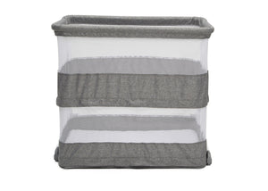 Front view of a baby bassinet with mesh sides and grey fabric, supported by a white metal frame.