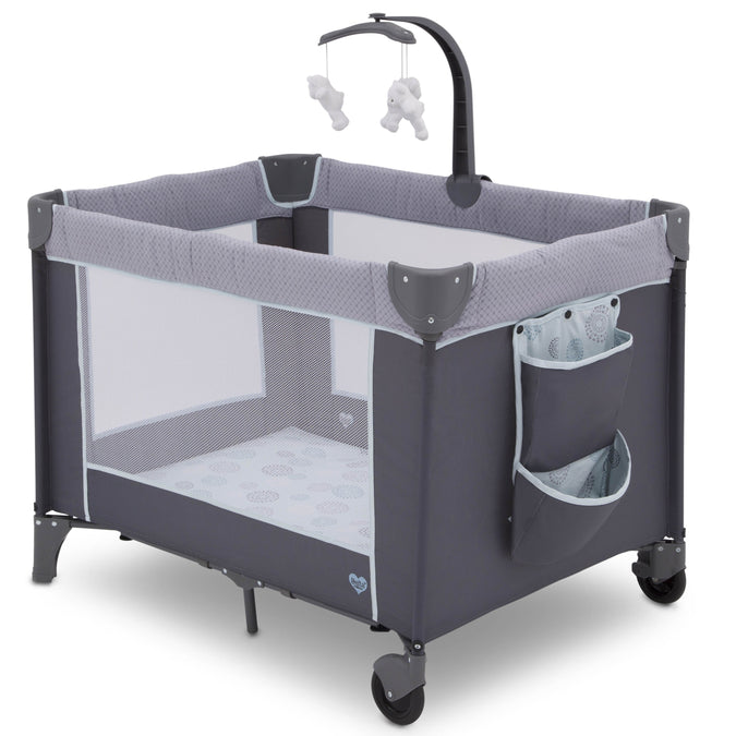 Delta Children Eclipse (2063) LX Deluxe Play Yard, angled view, a2a 4-LX Deluxe Portable Baby Play Yard With Removable Bassinet and Changing Table