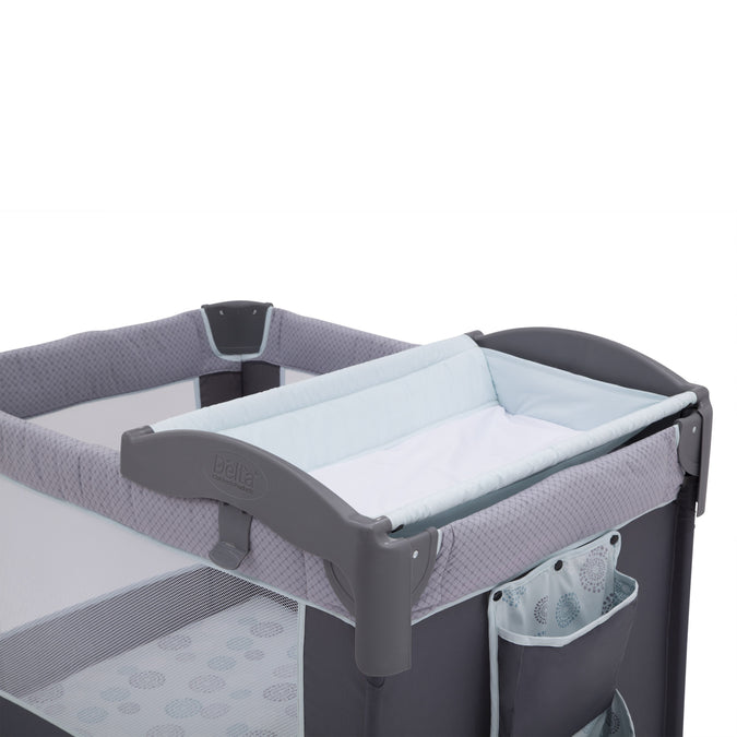 Delta Children Eclipse (2063) LX Deluxe Play Yard, angled view, a2a 5-LX Deluxe Portable Baby Play Yard With Removable Bassinet and Changing Table