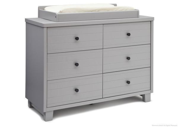 Simmons Kids Grey (026) Rowen Double Dresser (320030), Side View with Topper and Props a4a 3-Rowen Double Dresser