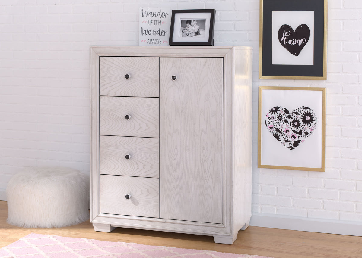 Simmons Kids Antique White (122)Ravello 4 Drawer Combo Chest, Hangtag View, a1a