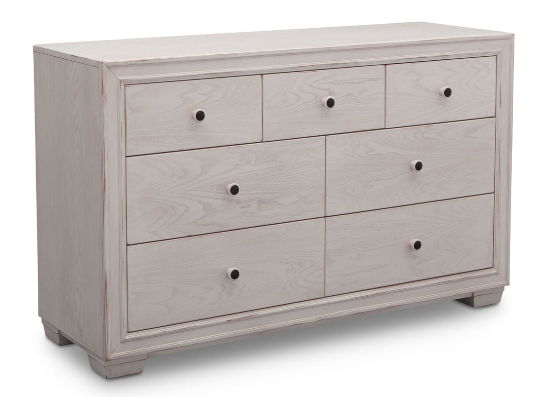 Simmons Kids Antique White (122) Ravello 7 Drawer Dresser, Angled View, a3a