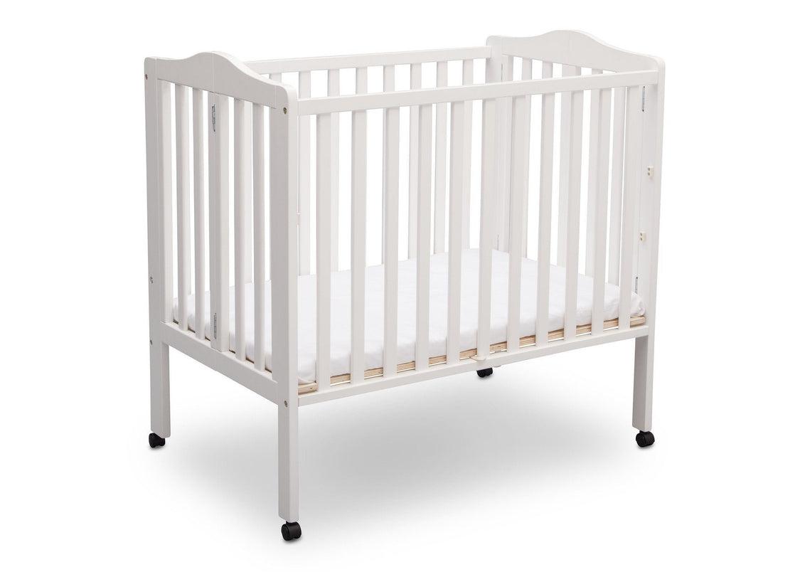 Delta Children Bianca (130) Portable Folding Crib with Mattress, angled view a6a