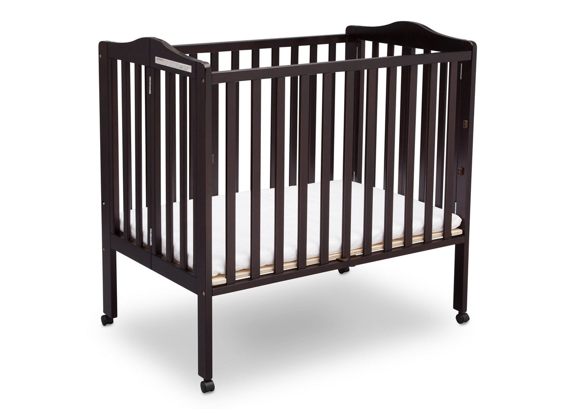 Delta Children Dark Espresso (958) Portable Folding Crib with Mattress, angled view c4c