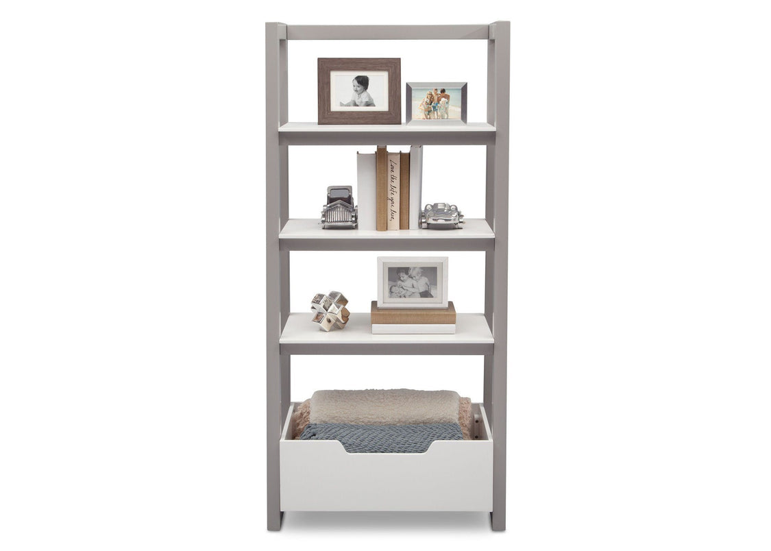 Delta Children Bianca White with Grey (166) Gateway Ladder Shelf, Front View with Props a6a