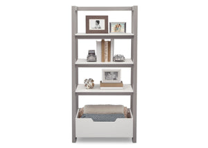 Delta Children Bianca White with Grey (166) Gateway Ladder Shelf, Front View with Props a6a 2
