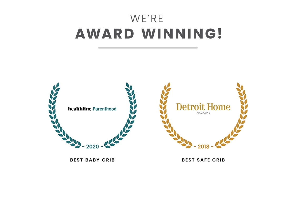 Award badges for Best Baby Crib and Best Safe Crib Bianca White 130