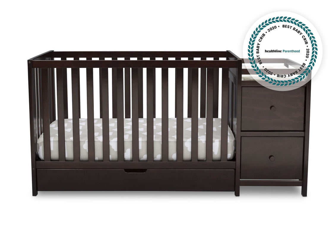 Delta Children Dark Chocolate 207 Luna Convertible Crib N with Under Drawer (536160), Silo Crib, c2c with badge