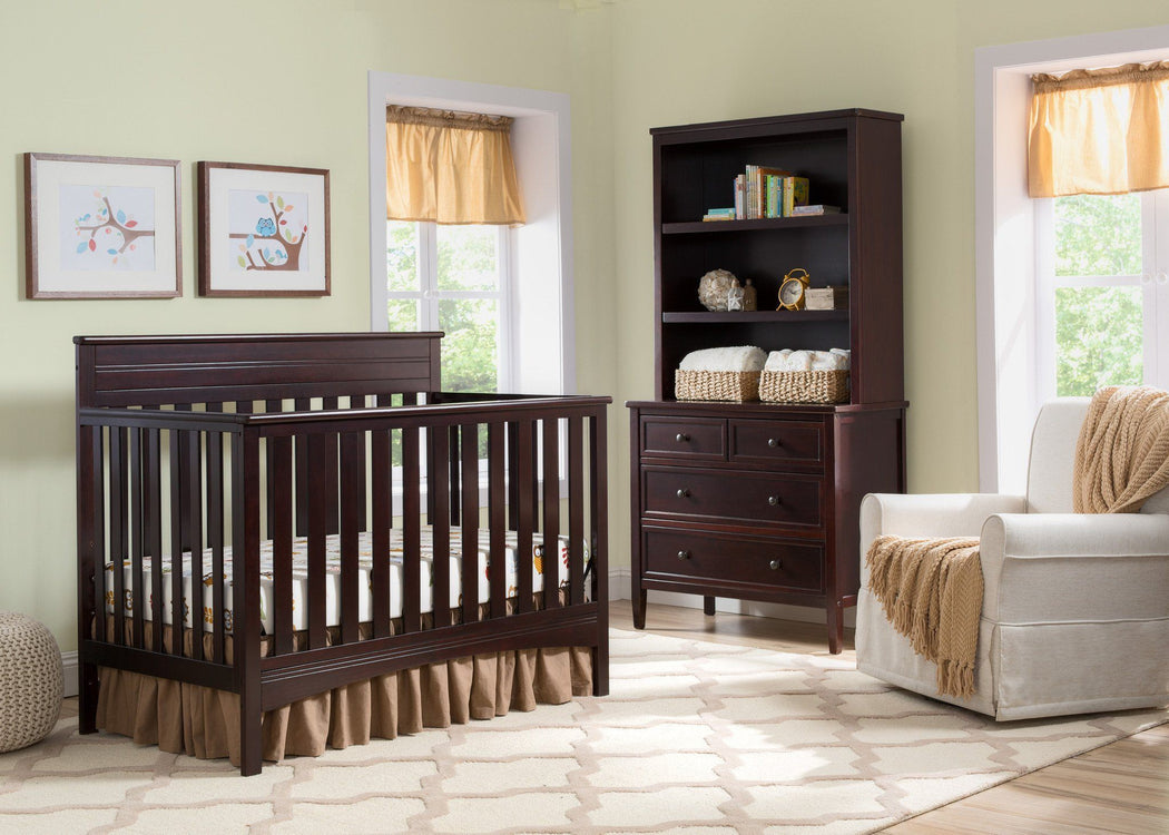 Delta Children Dark Chocolate (207) Fabio 4-in-1 Crib Side View with Props 1 d1d