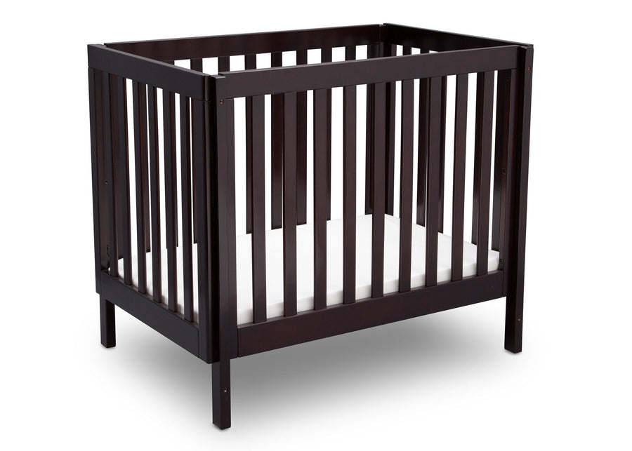 Delta Children Dark Espresso (958) Bennington Elite Mini Crib with Mattress, Angled View, b3b 6-Bennington Elite Mini Crib with Mattress