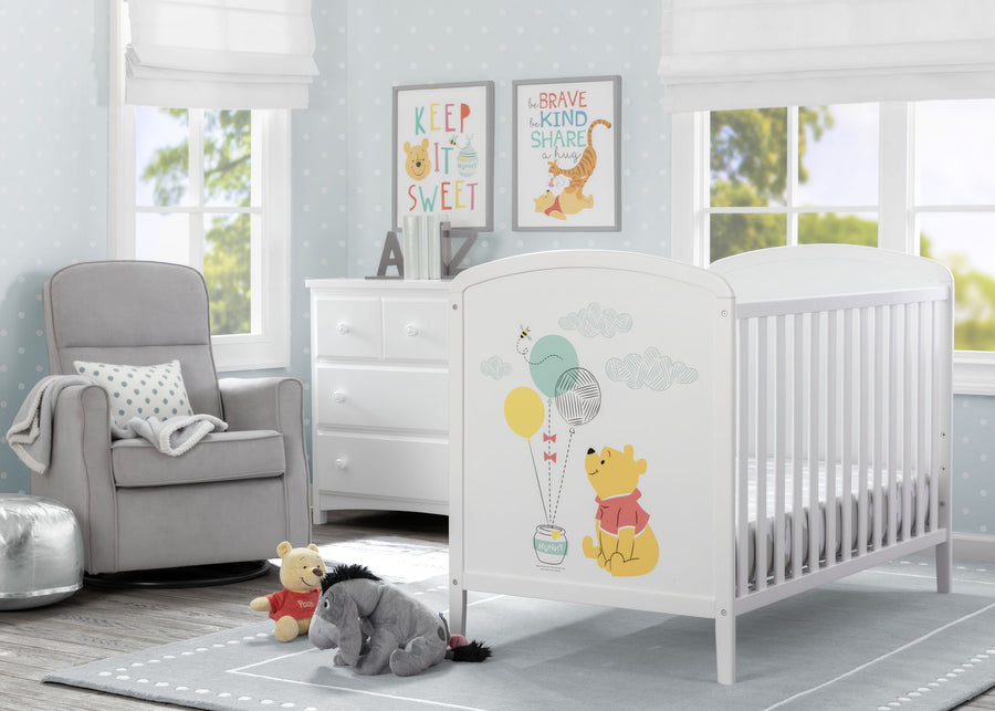 Delta Children Bianca White with Pooh (1301) Disney Winnie The Pooh 3-in-1 Convertible Baby Crib by Delta Children, Room View a1a 1-Disney Winnie The Pooh 3-in-1 Convertible Crib