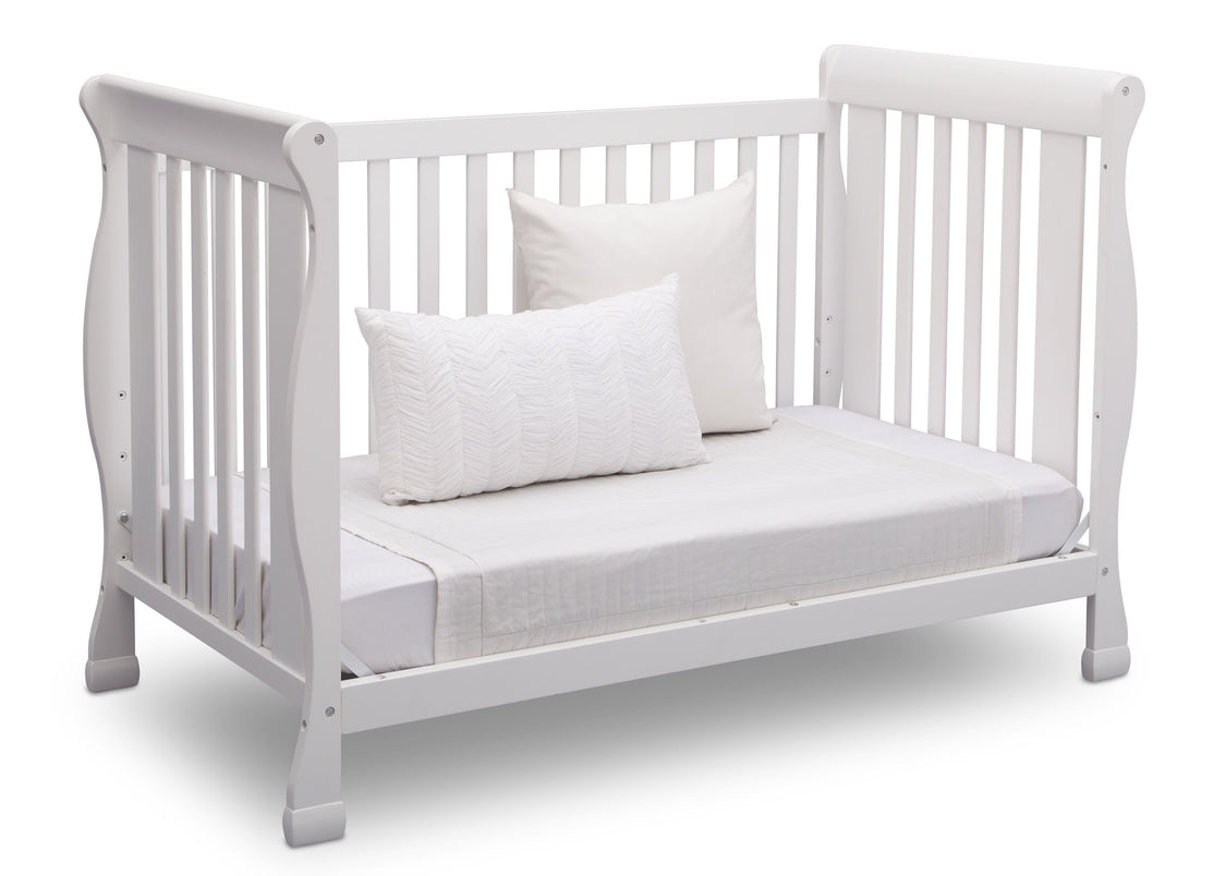 Delta Children Bianca (130) Riverside 4-in-1 Crib, angled conversion to daybed, a5a