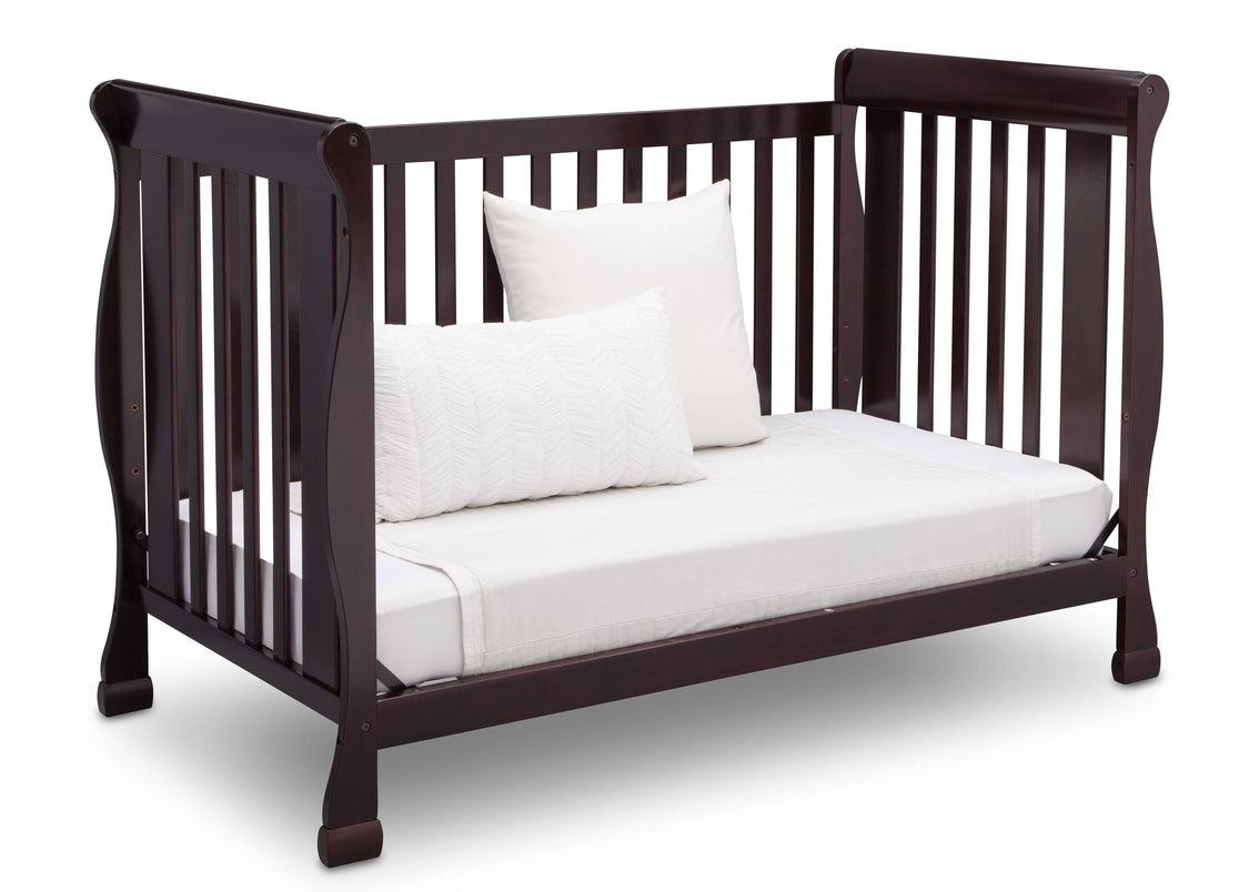 Delta Children Dark Chocolate (207) Riverside 4-in-1 Crib, angled conversion to daybed, b5b