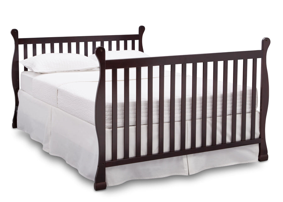 Delta Children Dark Chocolate (207) Riverside 4-in-1 Crib, angled conversion to full size bed, b6b 14-Riverside 4-in-1 Crib