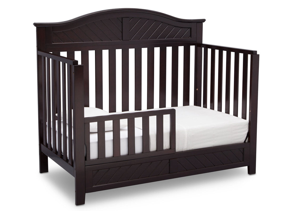 Delta Children Dark Espresso (958) Bennington Elite Curved 4-in-1 Crib angled conversion to toddler bed b4b