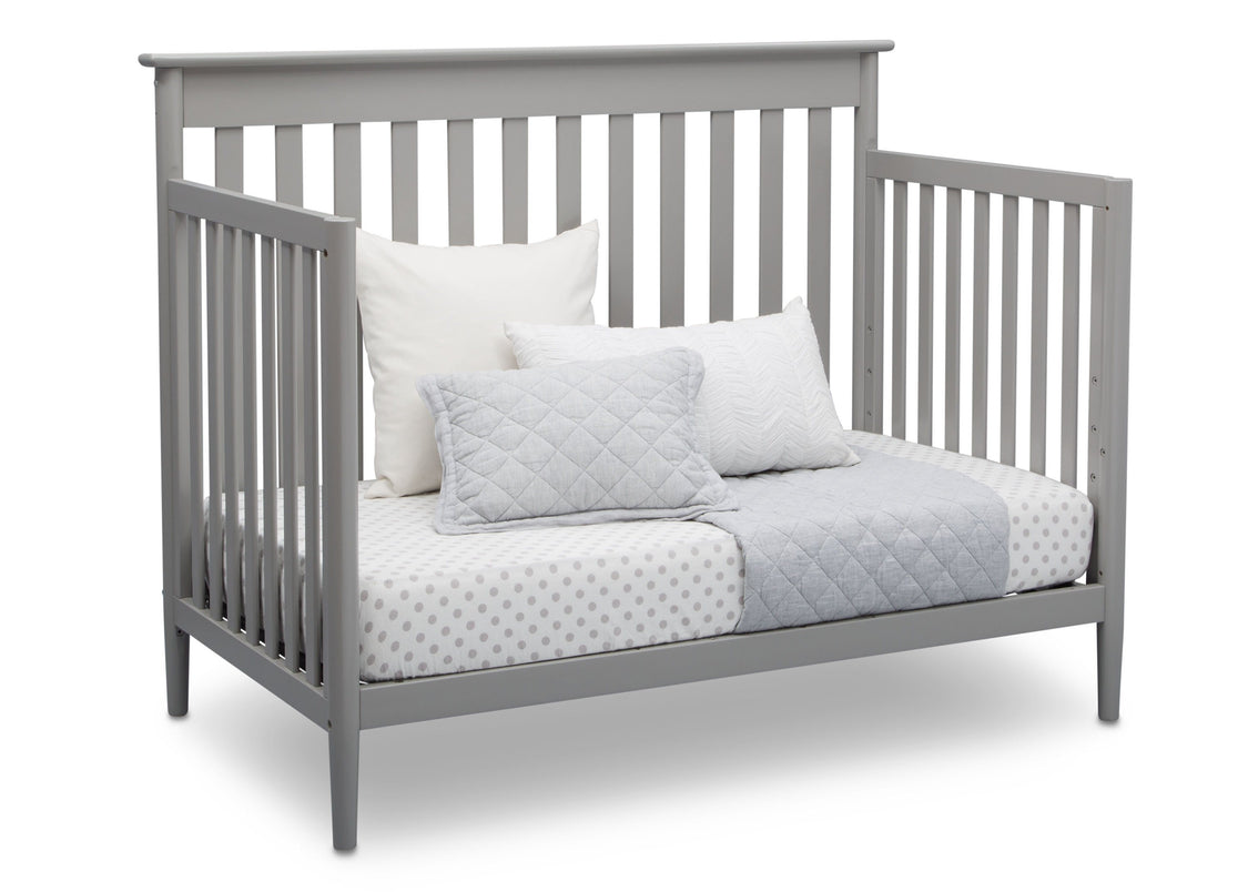 Delta Children Grey (026) Greyson Signature 4-in-1 Crib, angled conversion to daybed, a4a