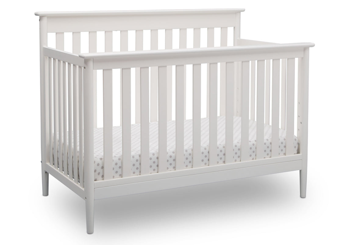 Delta Children Bianca White (130) Greyson Signature 4-in-1 Crib, angled view, b3b