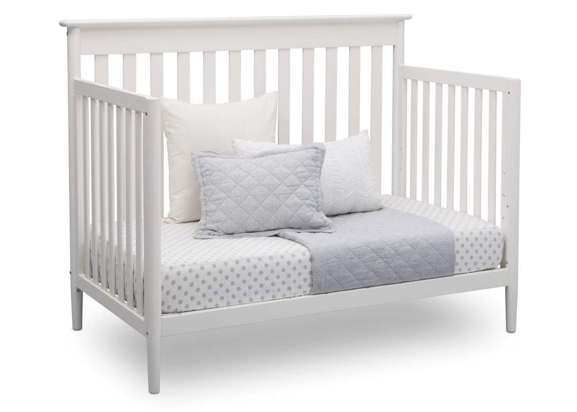 Delta Children Bianca White (130) Greyson Signature 4-in-1 Crib, angled conversion to daybed, b4b