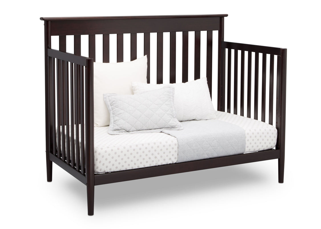 Delta Children Dark Chocolate (207) Greyson Signature 4-in-1 Crib, angled conversion to daybed, c4c